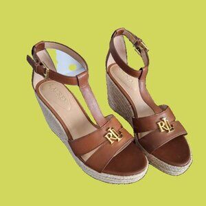 Like New, LAUREN Ralph Lauren 7.5 B/24,5" Burnished Calf-Polo Tan Platforms
